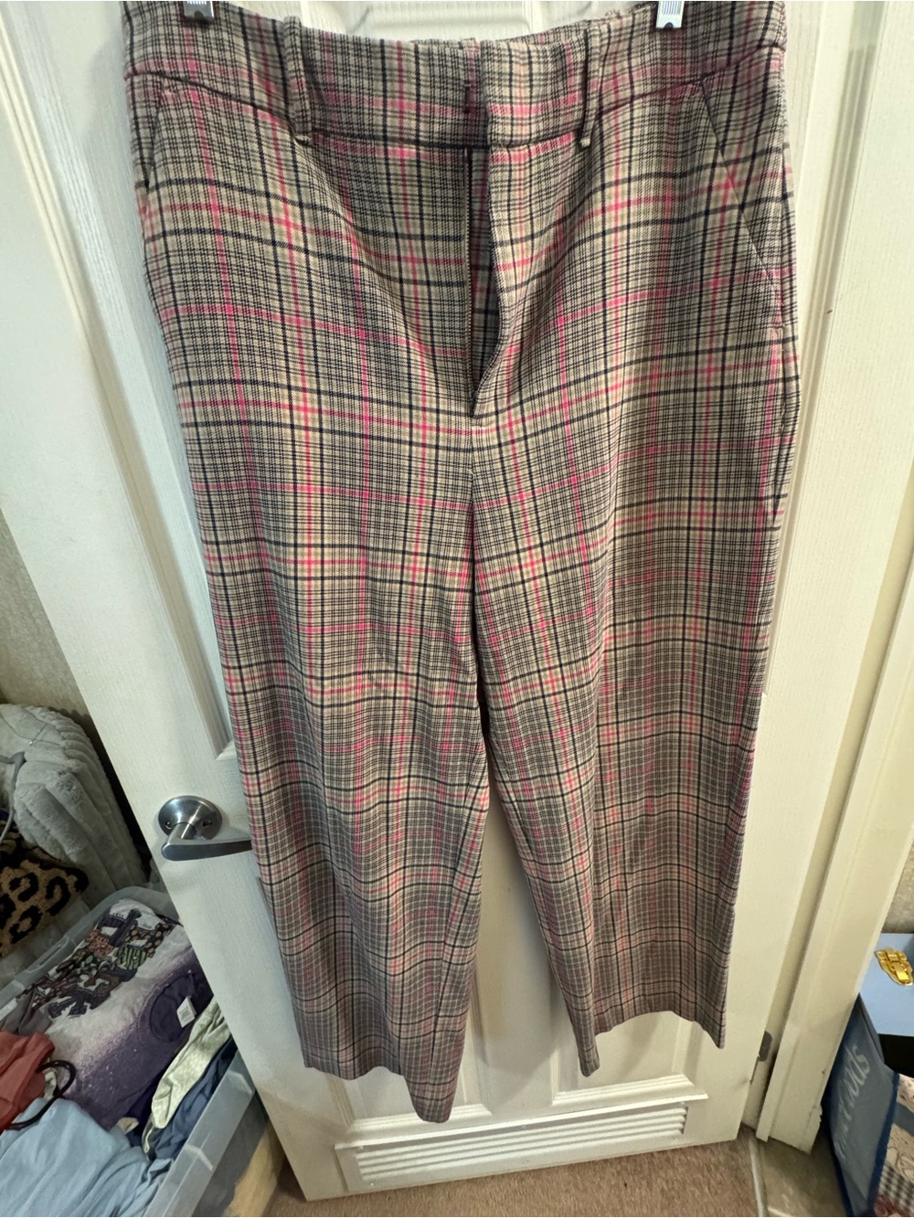 Plaid Straight-Leg Women's Pants in Taupe with Pink Check
